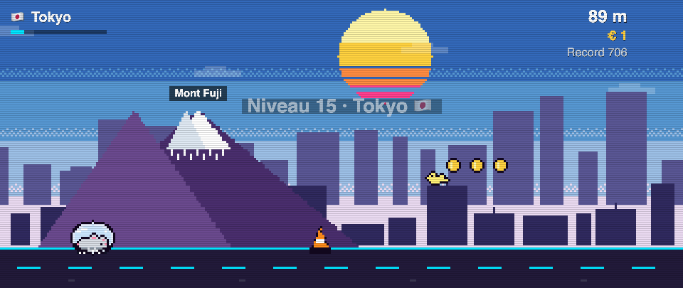 Rat Race screenshot in Tokyo: the runner in front of Mount Fuji