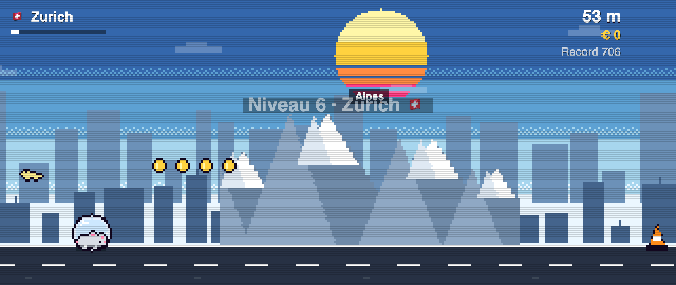 Rat Race screenshot in Zurich: the runner in front of Alps